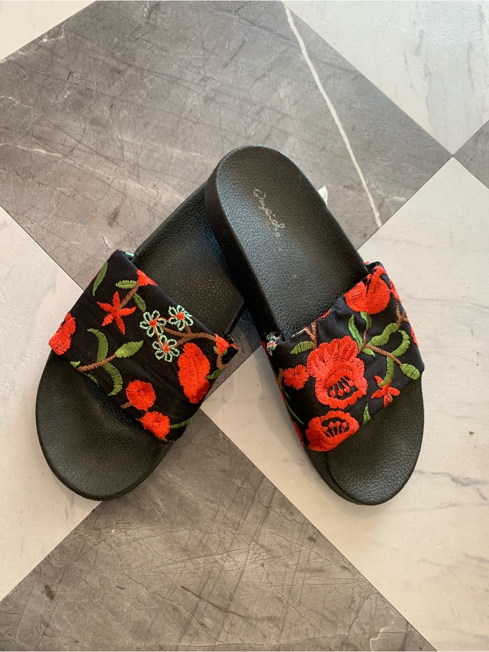 Qupid Black Slide Sandals with Red Floral Embroidery